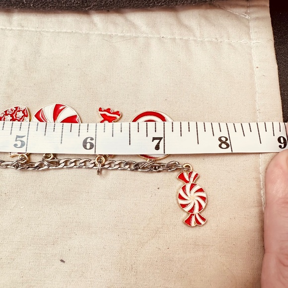 Handcrafted Candy Cane Peppermint Charm Bracelet Holiday Enamel Red White Gold - Picture 8 of 8